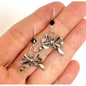 Bows & Black Crystals Silver Pierced Dangle Earrings Thai Sterling 925 3.9g
